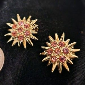 Vintage Starburst Clip-on Earrings - Gold Tone with Pink Rhinestones, 50s-60s